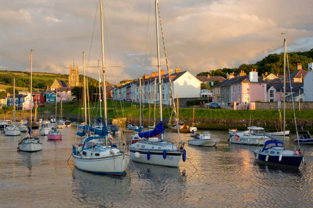 Aberaeron Harbour full of sailing boats on a beautiful day