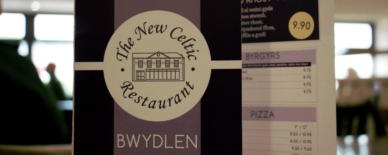 Celtic Restaurant a'r Cellar menu with restaurant in background